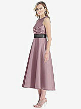 Side View Thumbnail - Dusty Rose & Pewter High-Neck Asymmetrical Shirred Satin Midi Dress with Pockets