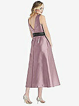 Rear View Thumbnail - Dusty Rose & Pewter High-Neck Asymmetrical Shirred Satin Midi Dress with Pockets