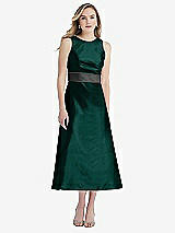 Front View Thumbnail - Evergreen & Pewter High-Neck Asymmetrical Shirred Satin Midi Dress with Pockets