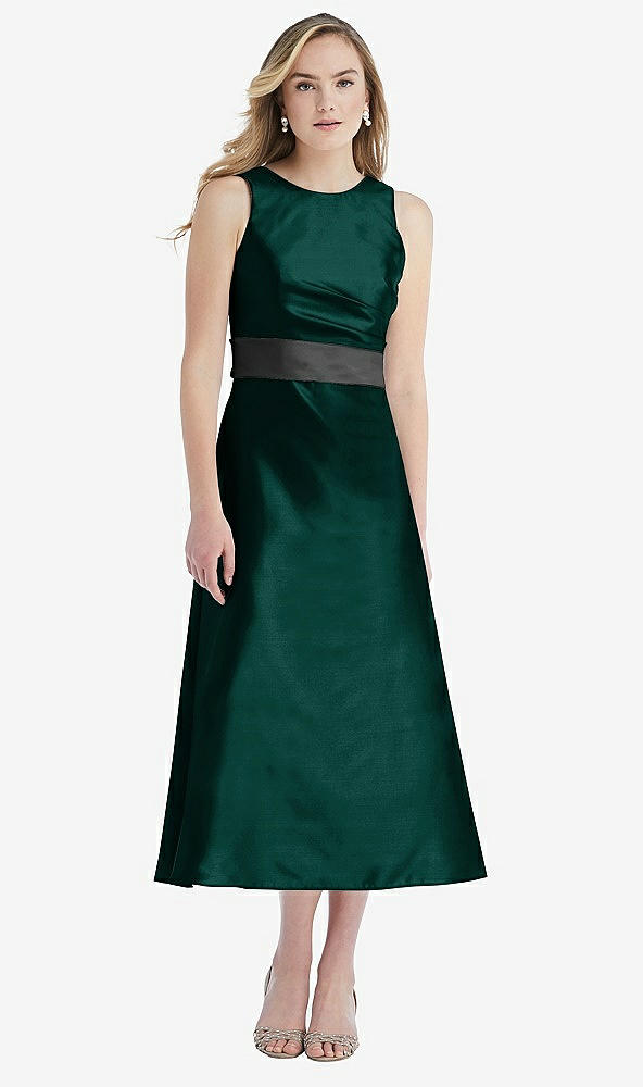 Front View - Evergreen & Pewter High-Neck Asymmetrical Shirred Satin Midi Dress with Pockets