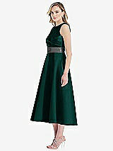 Side View Thumbnail - Evergreen & Pewter High-Neck Asymmetrical Shirred Satin Midi Dress with Pockets