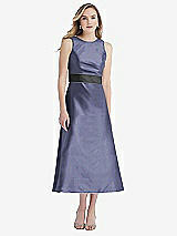 Front View Thumbnail - French Blue & Pewter High-Neck Asymmetrical Shirred Satin Midi Dress with Pockets