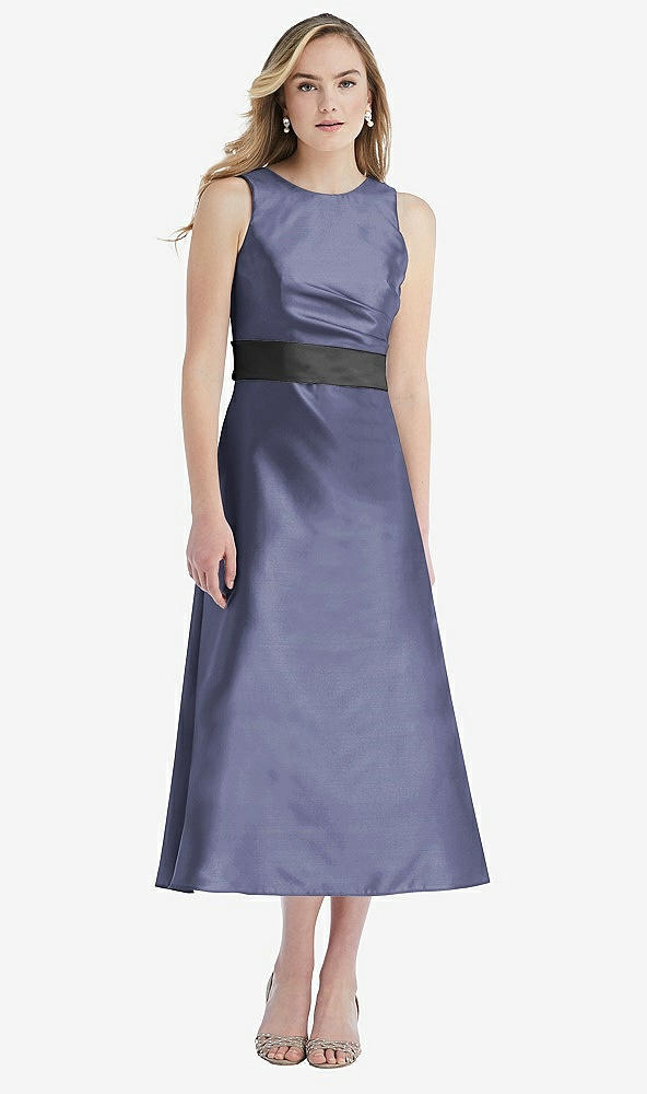 Front View - French Blue & Pewter High-Neck Asymmetrical Shirred Satin Midi Dress with Pockets