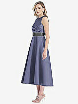 Side View Thumbnail - French Blue & Pewter High-Neck Asymmetrical Shirred Satin Midi Dress with Pockets