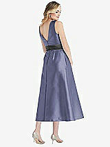 Rear View Thumbnail - French Blue & Pewter High-Neck Asymmetrical Shirred Satin Midi Dress with Pockets