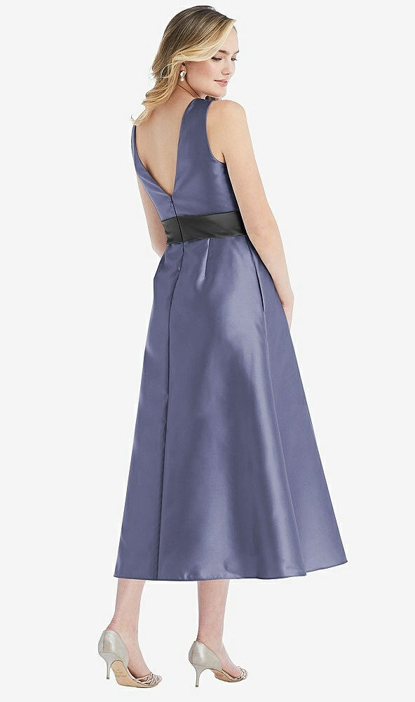Back View - French Blue & Pewter High-Neck Asymmetrical Shirred Satin Midi Dress with Pockets