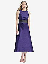 Front View Thumbnail - Grape & Pewter High-Neck Asymmetrical Shirred Satin Midi Dress with Pockets