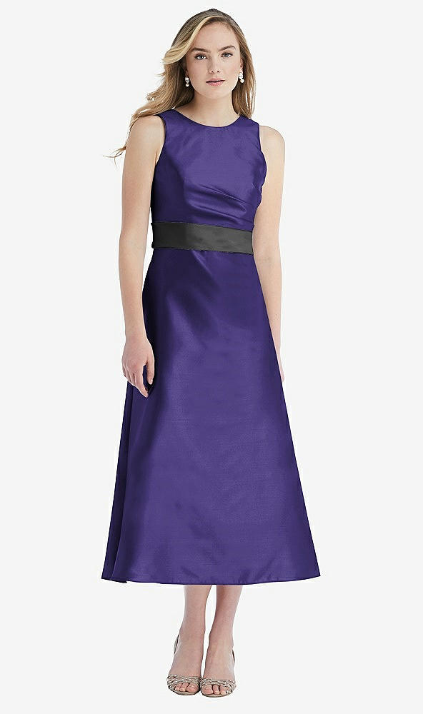 Front View - Grape & Pewter High-Neck Asymmetrical Shirred Satin Midi Dress with Pockets