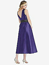 Rear View Thumbnail - Grape & Pewter High-Neck Asymmetrical Shirred Satin Midi Dress with Pockets