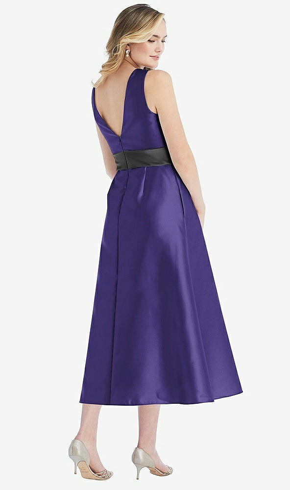 Back View - Grape & Pewter High-Neck Asymmetrical Shirred Satin Midi Dress with Pockets