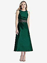 Front View Thumbnail - Hunter Green & Pewter High-Neck Asymmetrical Shirred Satin Midi Dress with Pockets