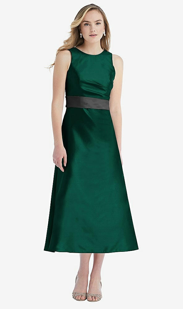 Front View - Hunter Green & Pewter High-Neck Asymmetrical Shirred Satin Midi Dress with Pockets