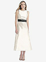 Front View Thumbnail - Ivory & Pewter High-Neck Asymmetrical Shirred Satin Midi Dress with Pockets