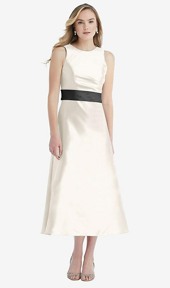 Front View - Ivory & Pewter High-Neck Asymmetrical Shirred Satin Midi Dress with Pockets