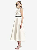 Side View Thumbnail - Ivory & Pewter High-Neck Asymmetrical Shirred Satin Midi Dress with Pockets