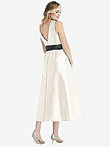 Rear View Thumbnail - Ivory & Pewter High-Neck Asymmetrical Shirred Satin Midi Dress with Pockets