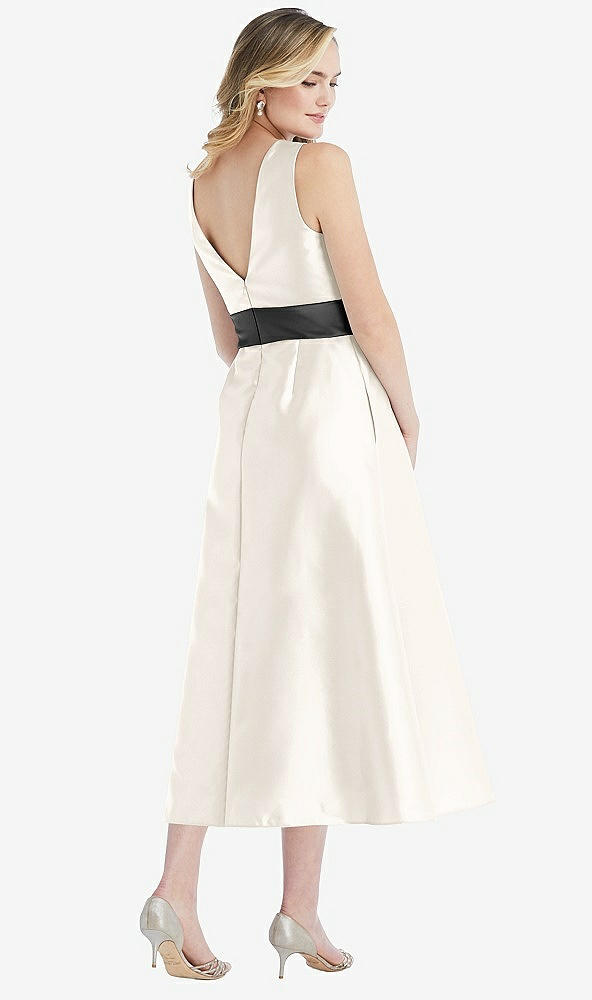 Back View - Ivory & Pewter High-Neck Asymmetrical Shirred Satin Midi Dress with Pockets