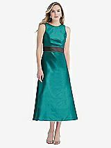 Front View Thumbnail - Jade & Pewter High-Neck Asymmetrical Shirred Satin Midi Dress with Pockets