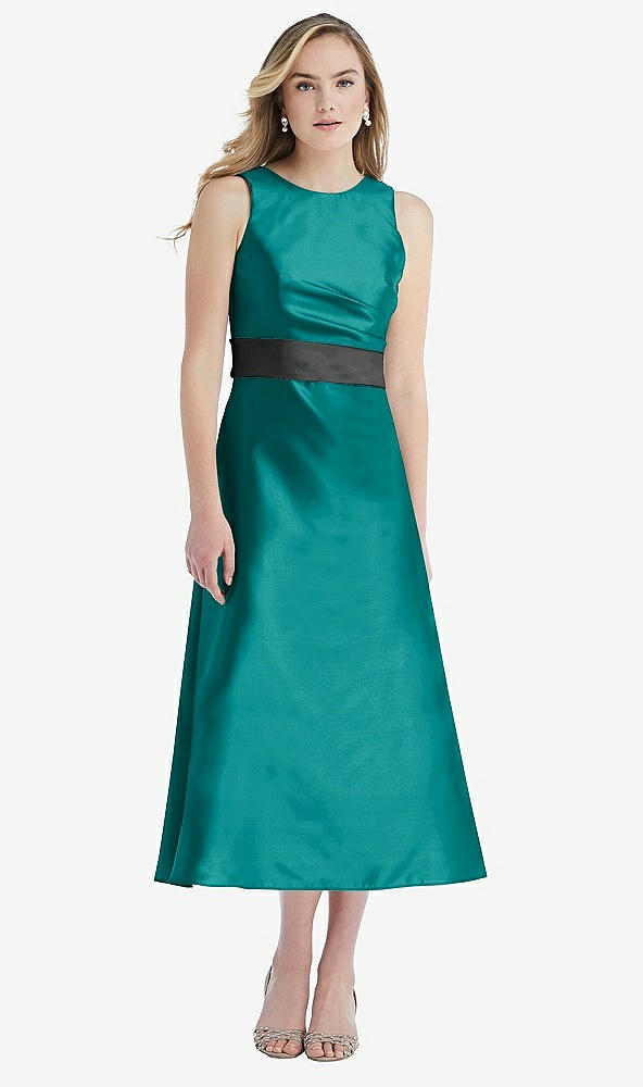 Front View - Jade & Pewter High-Neck Asymmetrical Shirred Satin Midi Dress with Pockets