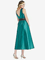 Rear View Thumbnail - Jade & Pewter High-Neck Asymmetrical Shirred Satin Midi Dress with Pockets