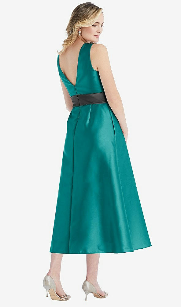 Back View - Jade & Pewter High-Neck Asymmetrical Shirred Satin Midi Dress with Pockets
