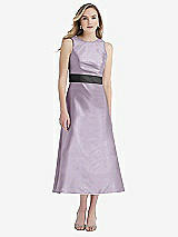 Front View Thumbnail - Lilac Haze & Pewter High-Neck Asymmetrical Shirred Satin Midi Dress with Pockets