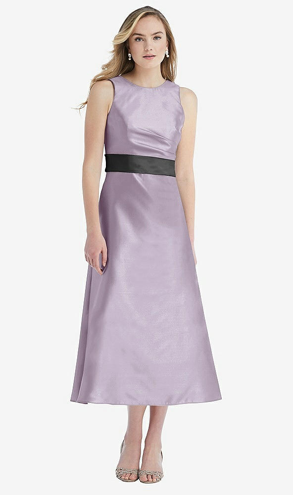 Front View - Lilac Haze & Pewter High-Neck Asymmetrical Shirred Satin Midi Dress with Pockets