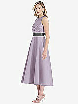 Side View Thumbnail - Lilac Haze & Pewter High-Neck Asymmetrical Shirred Satin Midi Dress with Pockets