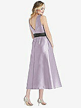 Rear View Thumbnail - Lilac Haze & Pewter High-Neck Asymmetrical Shirred Satin Midi Dress with Pockets