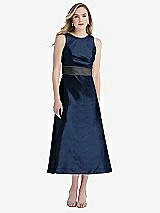 Front View Thumbnail - Midnight Navy & Pewter High-Neck Asymmetrical Shirred Satin Midi Dress with Pockets