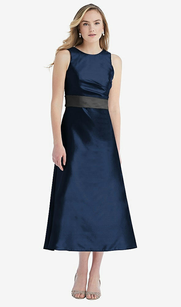 Front View - Midnight Navy & Pewter High-Neck Asymmetrical Shirred Satin Midi Dress with Pockets