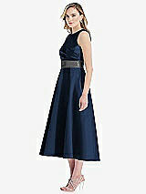 Side View Thumbnail - Midnight Navy & Pewter High-Neck Asymmetrical Shirred Satin Midi Dress with Pockets