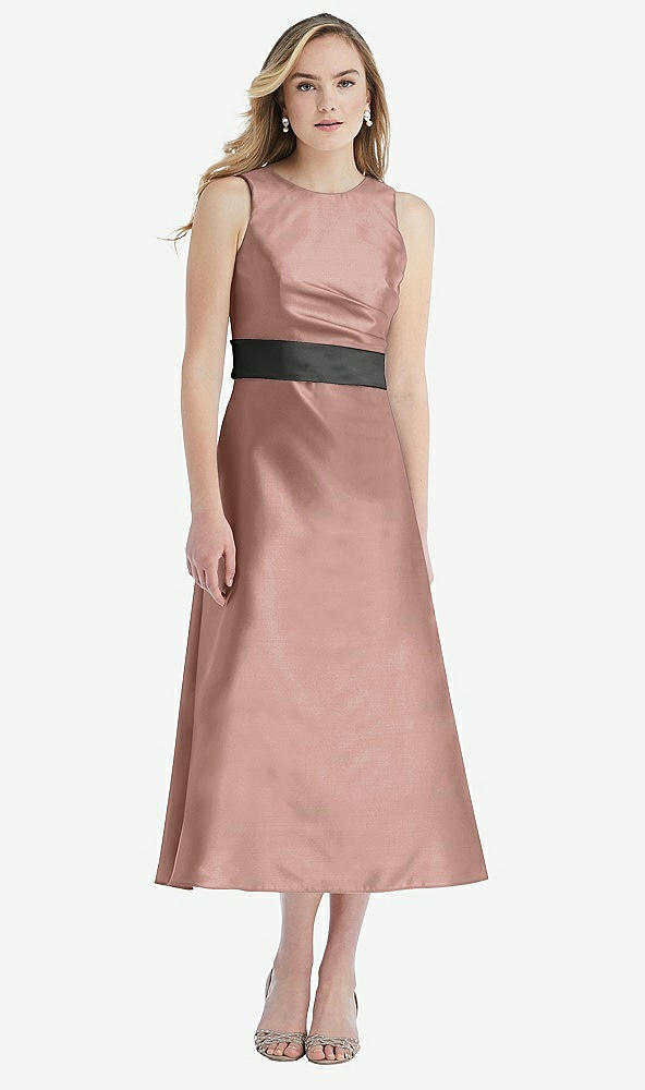Front View - Neu Nude & Pewter High-Neck Asymmetrical Shirred Satin Midi Dress with Pockets