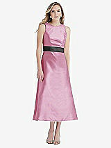 Front View Thumbnail - Powder Pink & Pewter High-Neck Asymmetrical Shirred Satin Midi Dress with Pockets