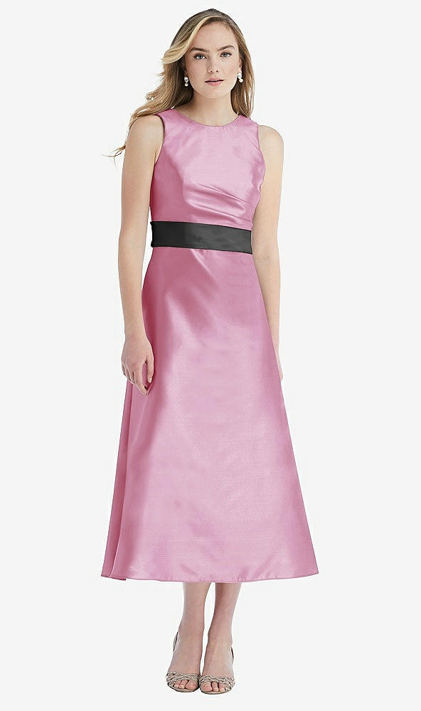Front View - Powder Pink & Pewter High-Neck Asymmetrical Shirred Satin Midi Dress with Pockets