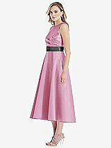 Side View Thumbnail - Powder Pink & Pewter High-Neck Asymmetrical Shirred Satin Midi Dress with Pockets