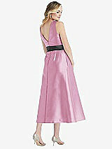 Rear View Thumbnail - Powder Pink & Pewter High-Neck Asymmetrical Shirred Satin Midi Dress with Pockets