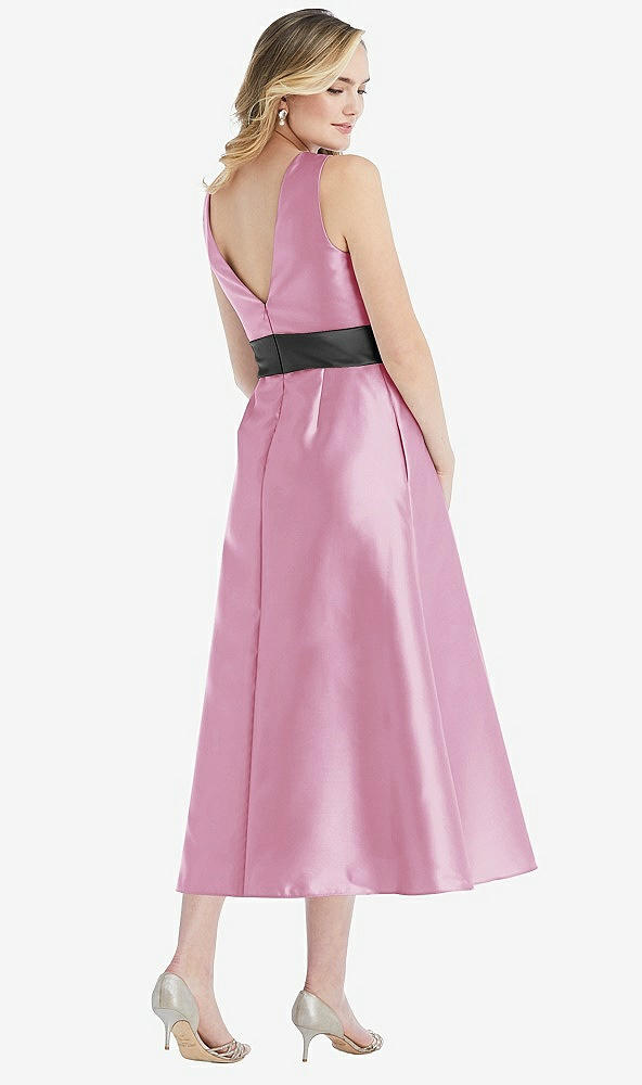 Back View - Powder Pink & Pewter High-Neck Asymmetrical Shirred Satin Midi Dress with Pockets
