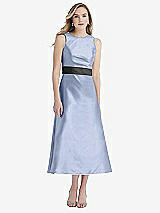 Front View Thumbnail - Sky Blue & Pewter High-Neck Asymmetrical Shirred Satin Midi Dress with Pockets