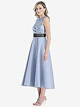 Side View Thumbnail - Sky Blue & Pewter High-Neck Asymmetrical Shirred Satin Midi Dress with Pockets