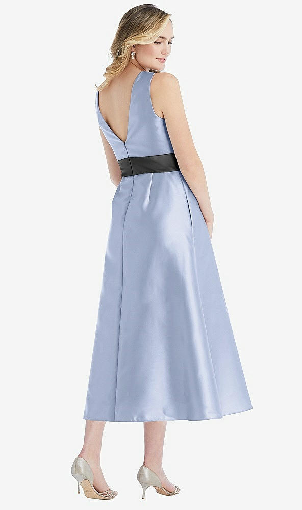 Back View - Sky Blue & Pewter High-Neck Asymmetrical Shirred Satin Midi Dress with Pockets