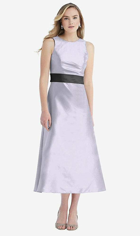 Front View - Silver Dove & Pewter High-Neck Asymmetrical Shirred Satin Midi Dress with Pockets