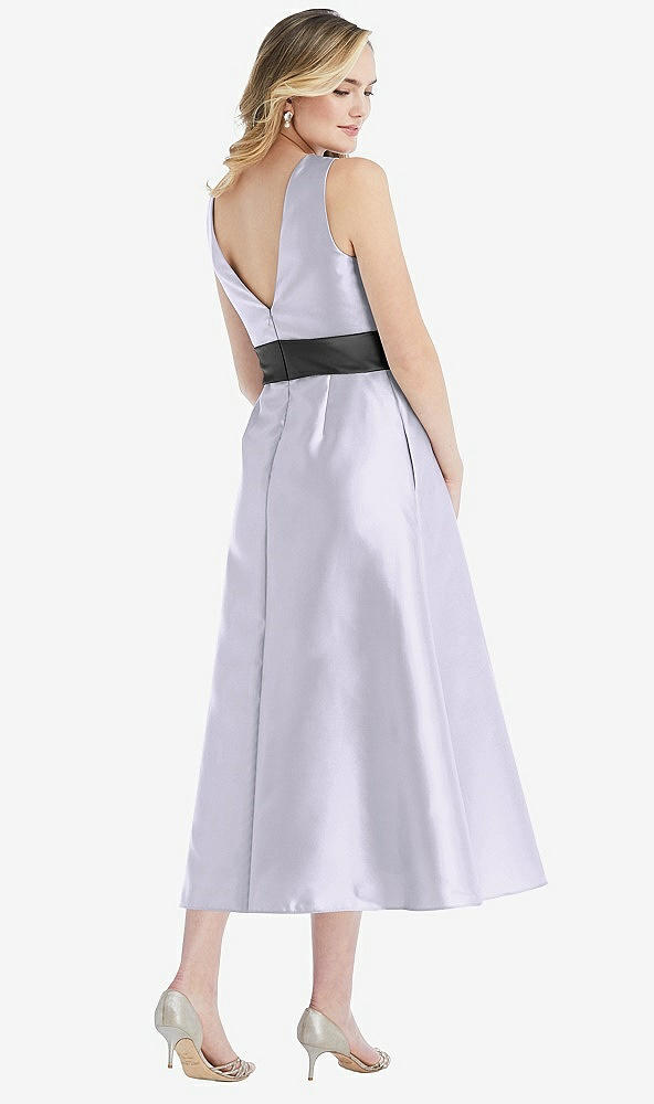 Back View - Silver Dove & Pewter High-Neck Asymmetrical Shirred Satin Midi Dress with Pockets