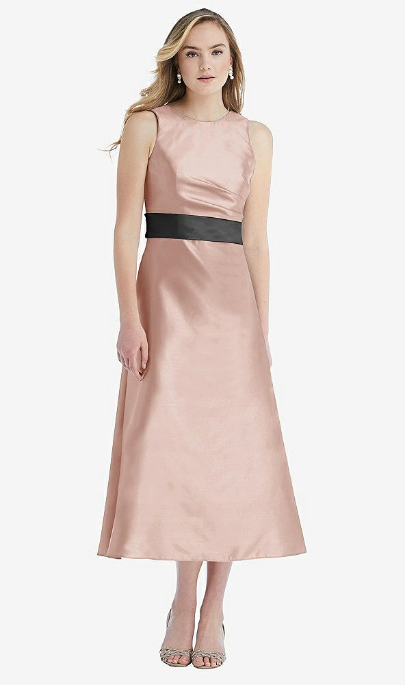 Front View - Toasted Sugar & Pewter High-Neck Asymmetrical Shirred Satin Midi Dress with Pockets