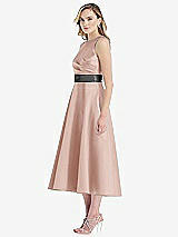 Side View Thumbnail - Toasted Sugar & Pewter High-Neck Asymmetrical Shirred Satin Midi Dress with Pockets