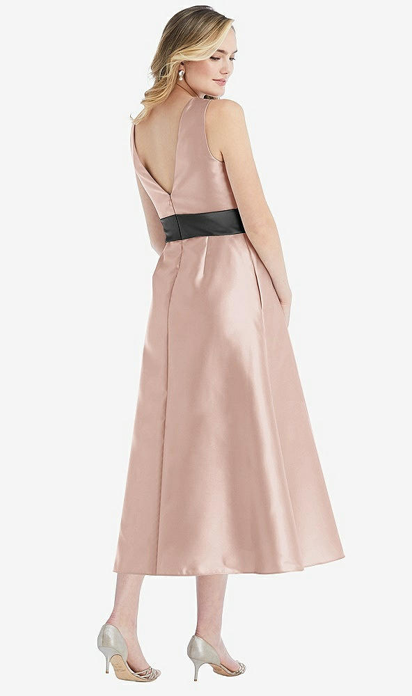 Back View - Toasted Sugar & Pewter High-Neck Asymmetrical Shirred Satin Midi Dress with Pockets
