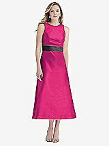 Front View Thumbnail - Think Pink & Pewter High-Neck Asymmetrical Shirred Satin Midi Dress with Pockets