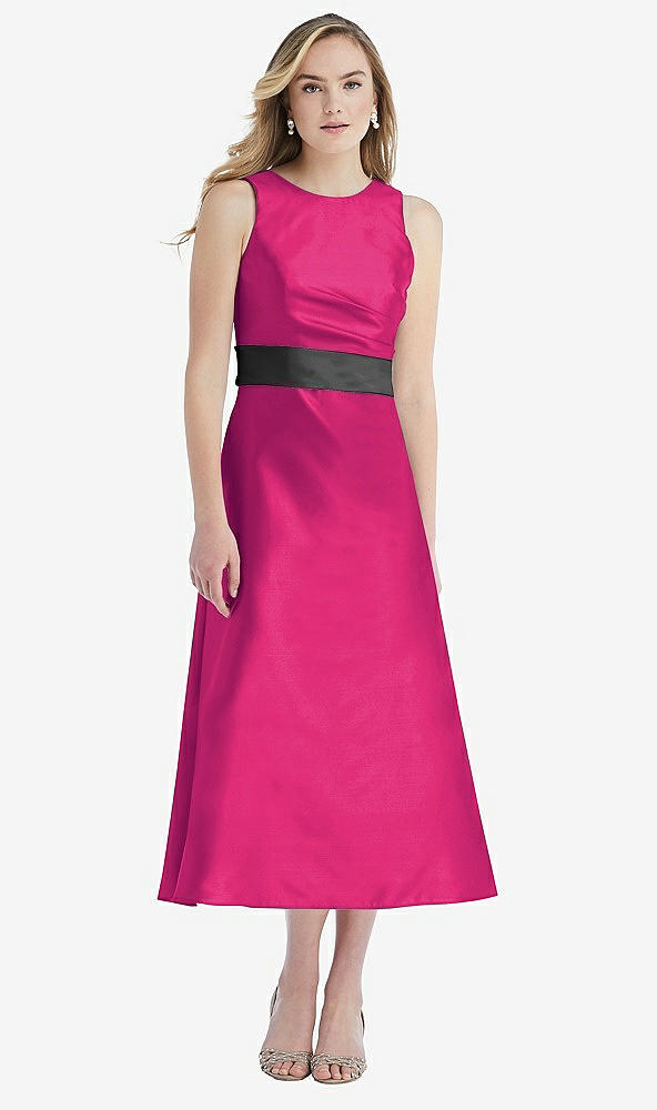 Front View - Think Pink & Pewter High-Neck Asymmetrical Shirred Satin Midi Dress with Pockets