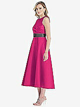 Side View Thumbnail - Think Pink & Pewter High-Neck Asymmetrical Shirred Satin Midi Dress with Pockets