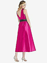Rear View Thumbnail - Think Pink & Pewter High-Neck Asymmetrical Shirred Satin Midi Dress with Pockets